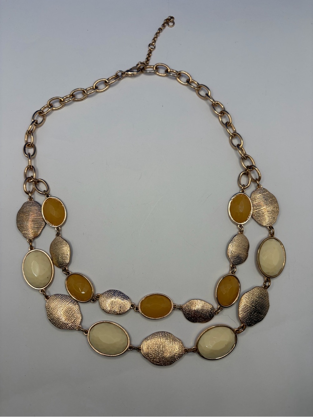 Gold Tone Double Strand Mustard Yellow Cream Statement Necklace